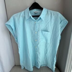 Orvis Pale Blue Linen Blend Cap Sleeve Button Up Blouse M